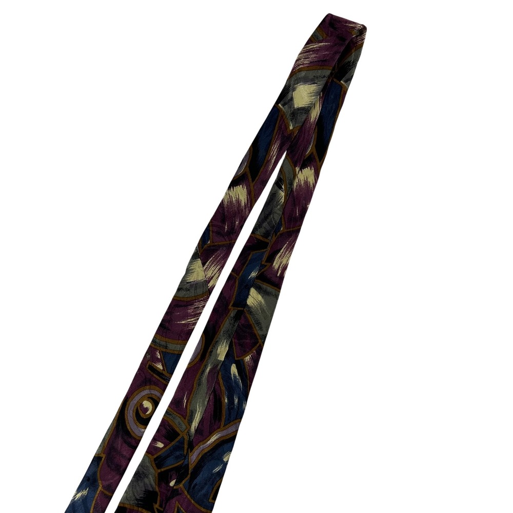Tattersall Mens Silk Necktie Abstract Geometric Brushstroke Purple Navy Gold - Picture 5 of 7